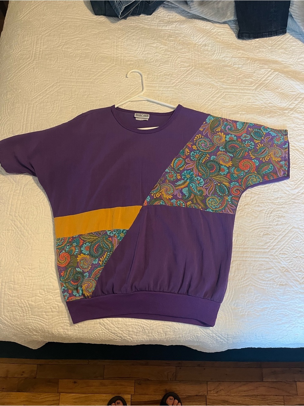 Purple Paisley Panel Short Sleeve Vintage Top with Gold Accent